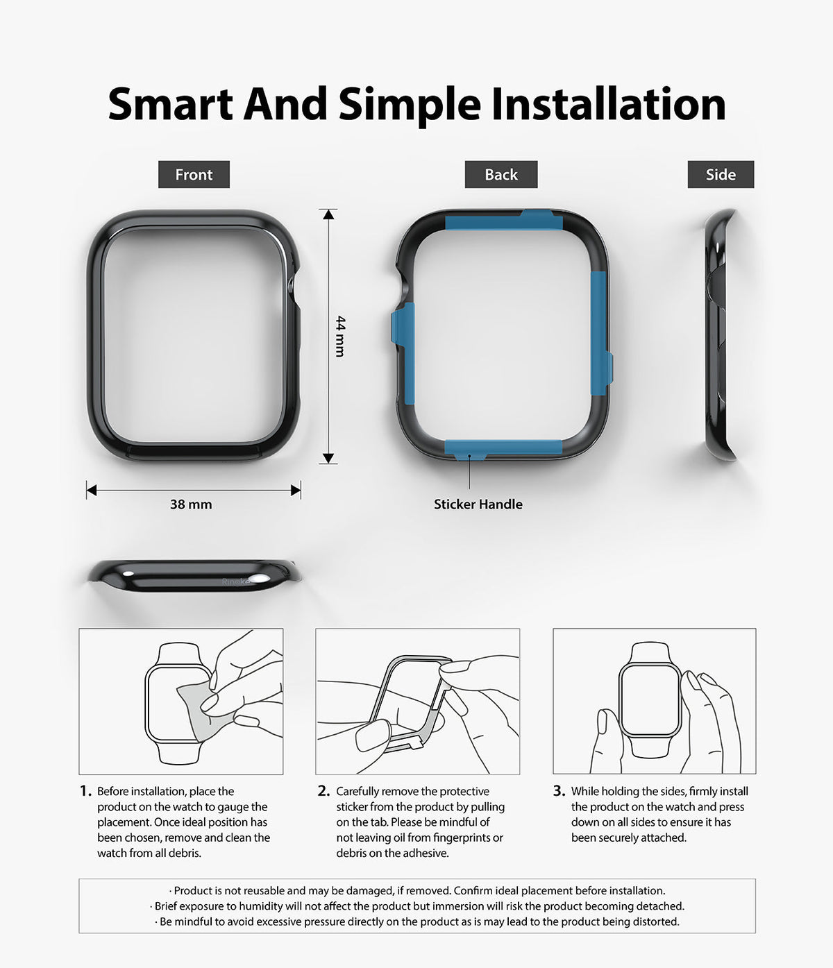 Apple Watch Series 6 / 5 / 4 / SE (44mm) | Bezel Styling - Diagrams showing dimensions and installation steps for a bezel.