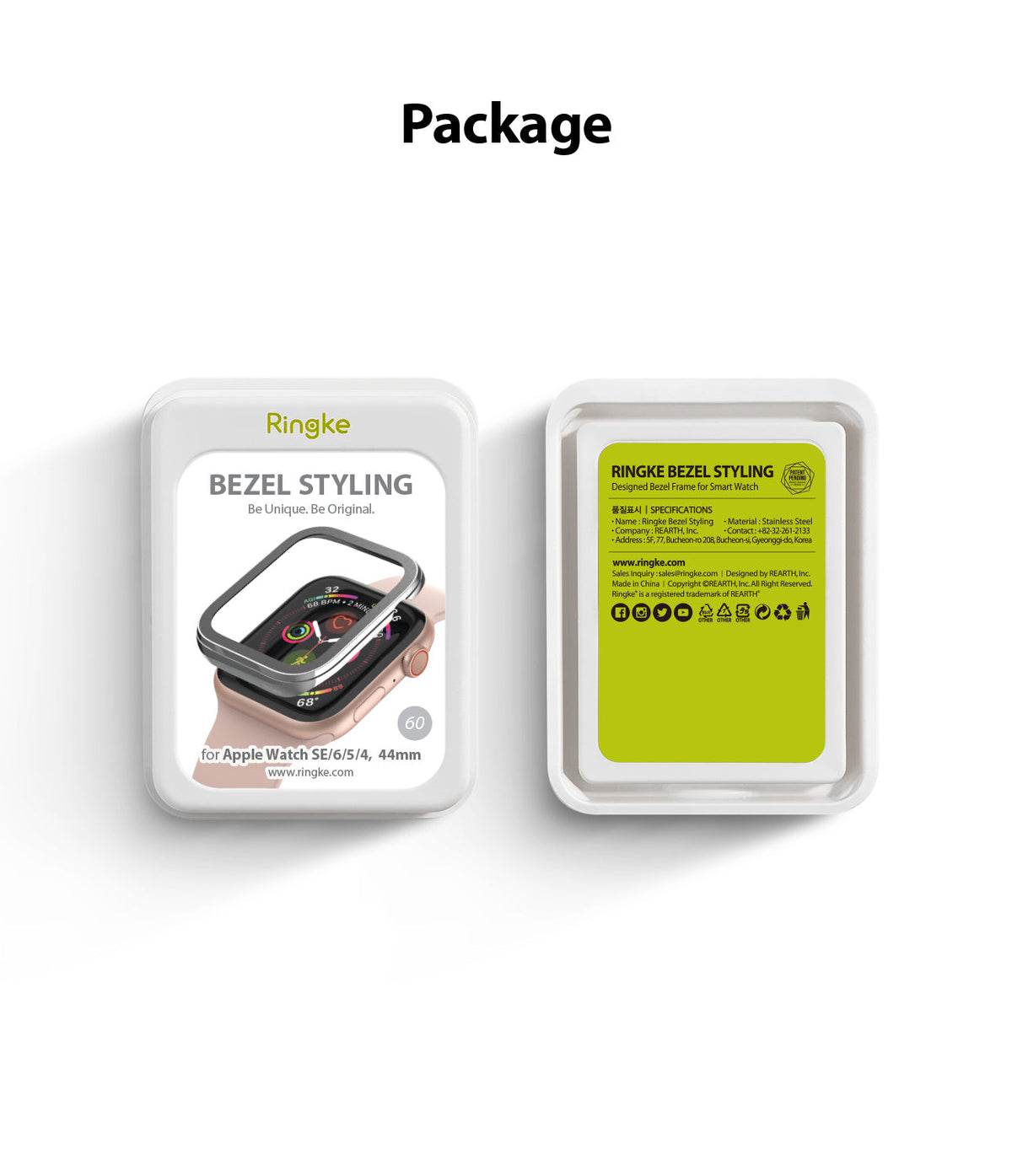 Apple Watch Series 6 / 5 / 4 / SE (44mm) | Bezel Styling - Front and back of Ringke bezel styling product packaging.