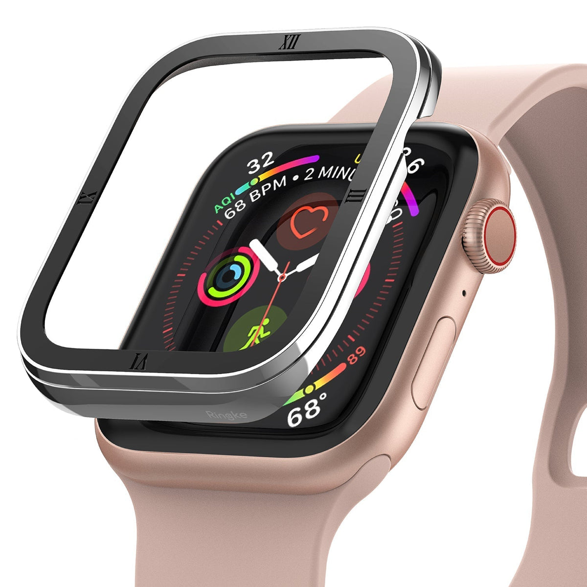 Apple Watch Series 6 / 5 / 4 / SE (44mm) | Bezel Styling - A black metal bezel cover hovering above a pink Apple Watch.