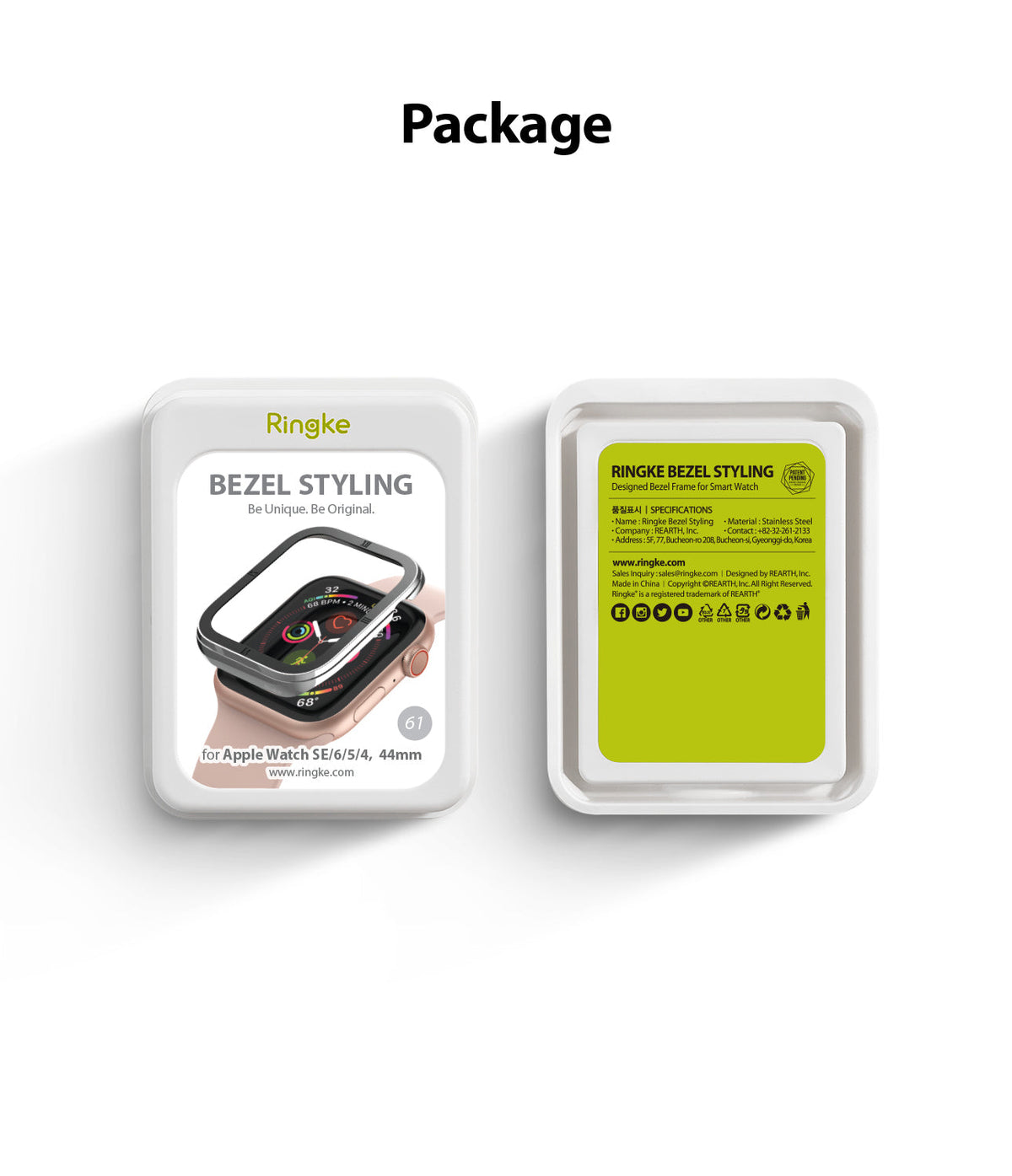 Apple Watch Series 6 / 5 / 4 / SE (44mm) | Bezel Styling - Front and back view of Ringke bezel styling packaging.