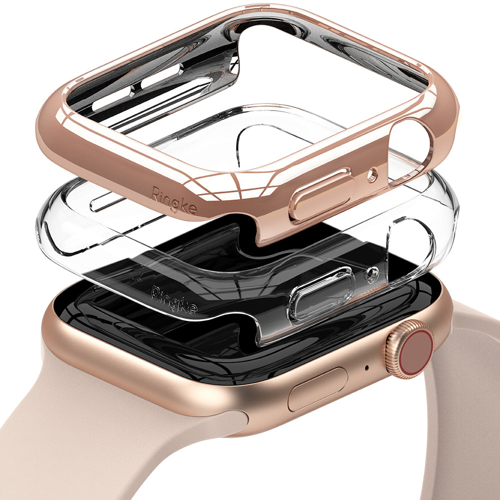 Apple Watch Series 6 / 5 / 4 / SE (40mm) Case | Slim (2 Pack) - Rose gold and clear protective cases stacked over a watch.