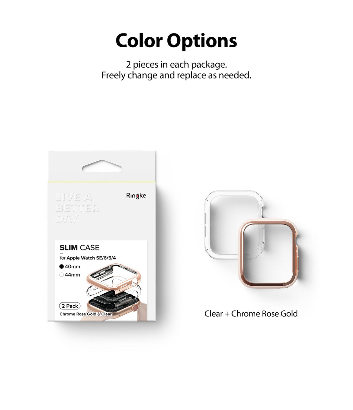 Apple Watch Series 6 / 5 / 4 / SE (40mm) Case | Slim (2 Pack) - Retail box and two slim watch cases in clear and rose gold.