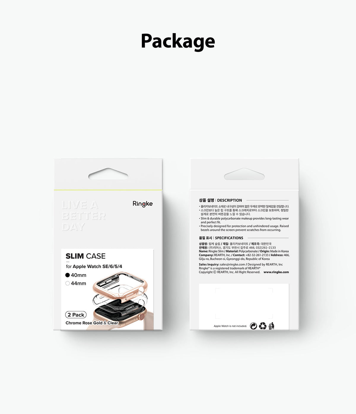 Apple Watch Series 6 / 5 / 4 / SE (40mm) Case | Slim (2 Pack) - Front and back view of Ringke slim case packaging.