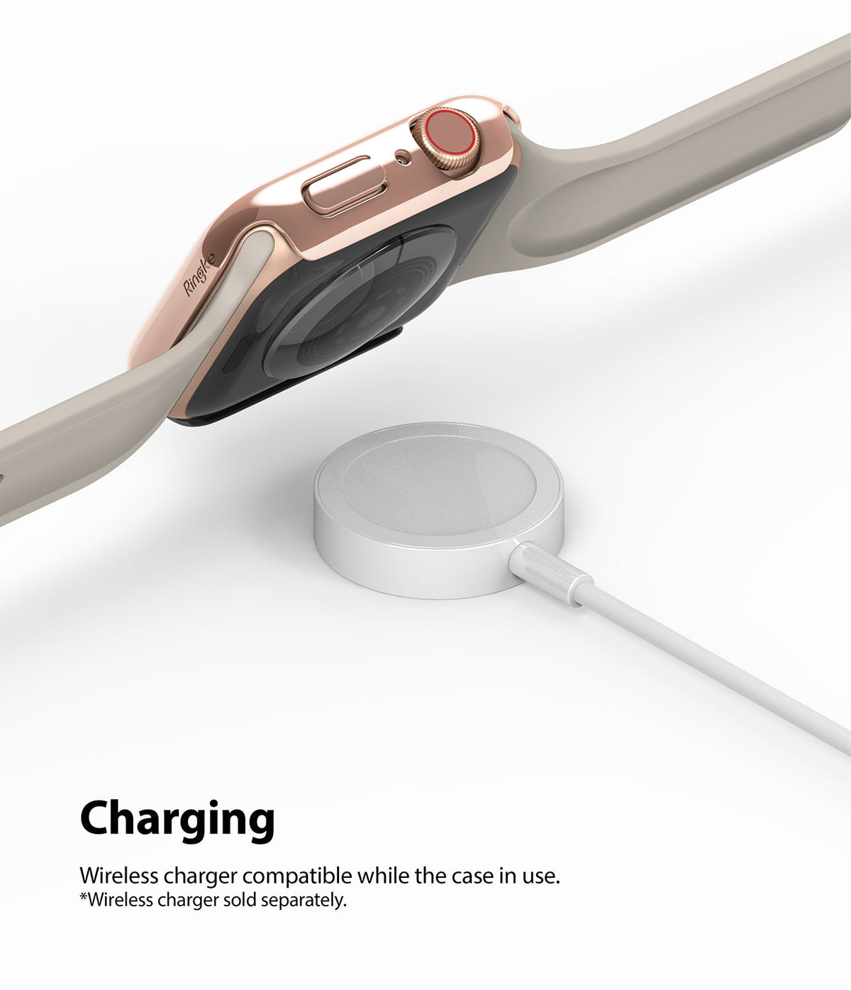Apple Watch Series 6 / 5 / 4 / SE (40mm) Case | Slim (2 Pack) - Apple Watch Series 6 / 5 / 4 / SE (40mm) Case - Rose gold watch case hovering above a white wireless charger.