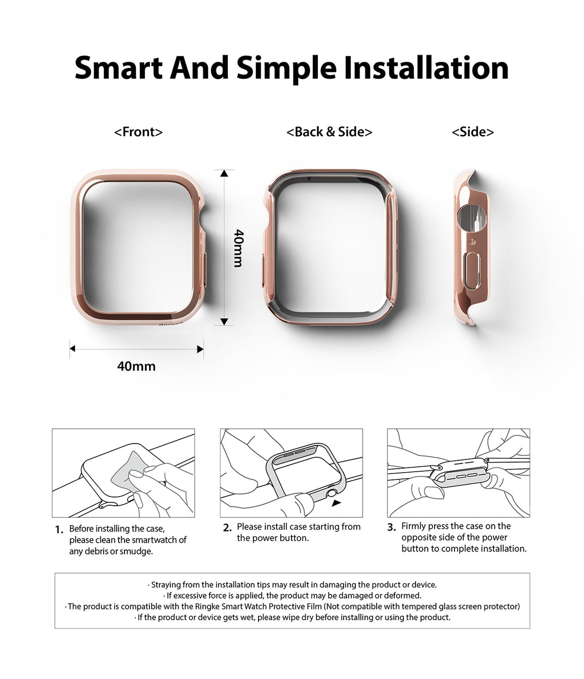Apple Watch Series 6 / 5 / 4 / SE (40mm) Case | Slim (2 Pack) - Rose gold watch case views and installation guide.