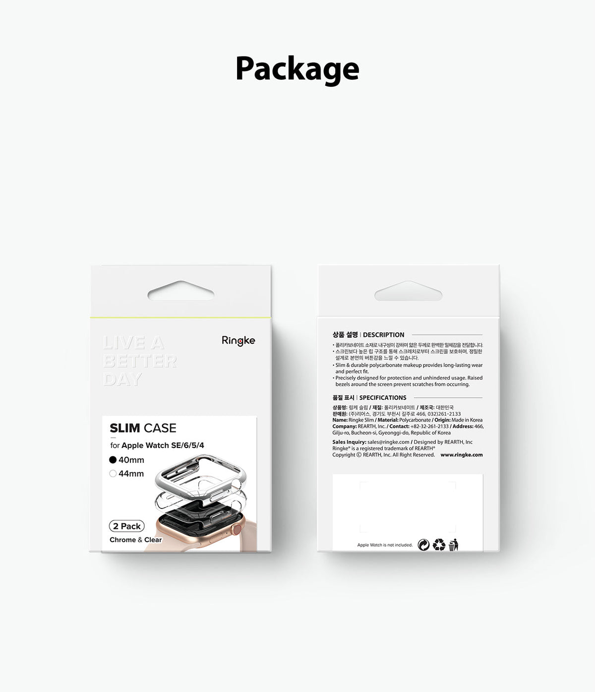 Apple Watch Series 6 / 5 / 4 / SE (40mm) Case | Slim (2 Pack) - Front and back view of Ringke slim case retail packaging.