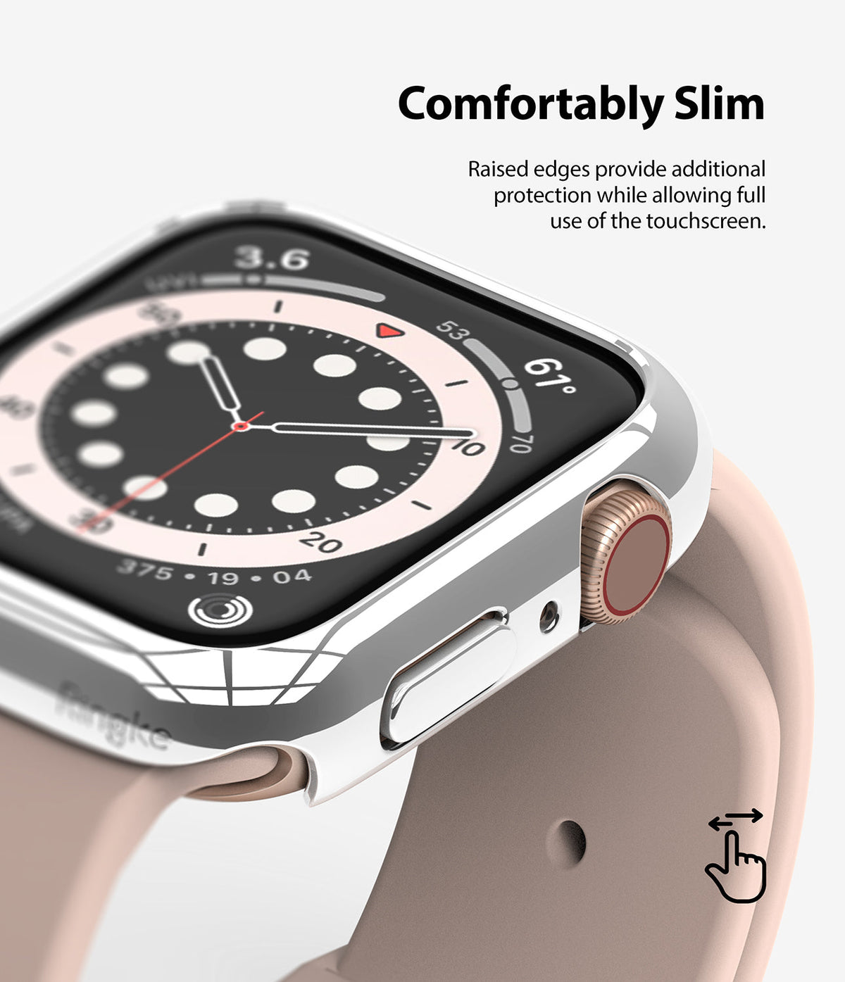 Apple Watch Series 6 / 5 / 4 / SE (40mm) Case | Slim (2 Pack) - Apple Watch Slim Case - Close-up of a clear protective case on an Apple Watch with a pink band and metallic side button.