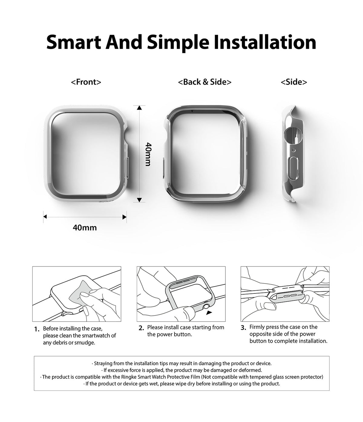 Apple Watch Series 6 / 5 / 4 / SE (40mm) Case | Slim (2 Pack) - Technical diagram showing 40mm case dimensions and installation steps.