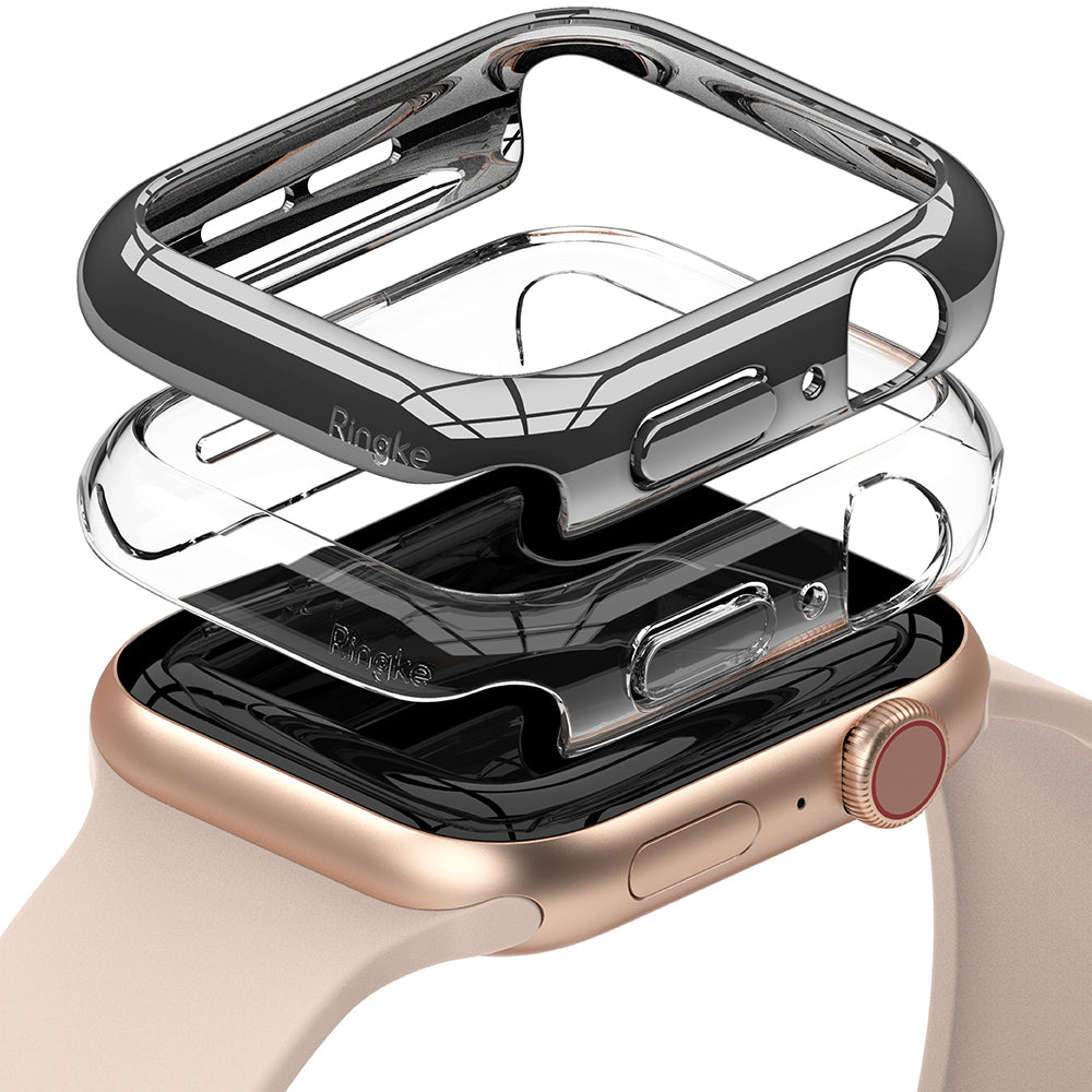 Apple Watch Series 6 / 5 / 4 / SE (40mm) Case | Slim (2 Pack) - Two transparent protective cases stacked above a gold watch.