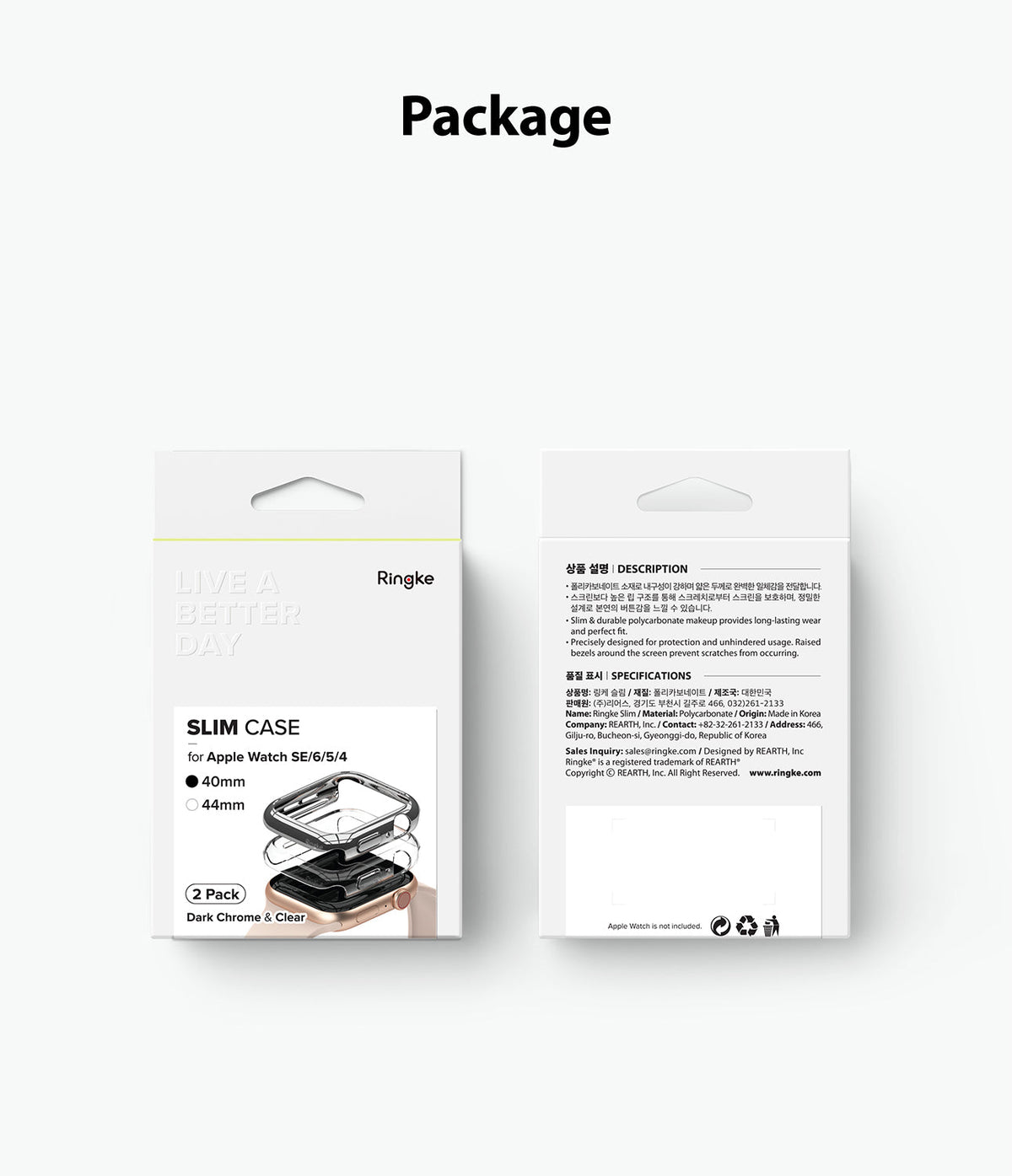 Apple Watch Series 6 / 5 / 4 / SE (40mm) Case | Slim (2 Pack) - Front and back view of Ringke slim watch case packaging.