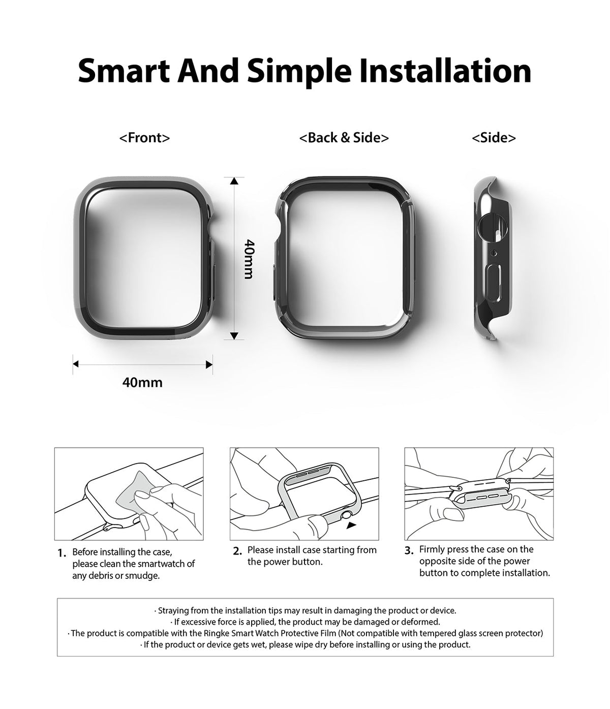 Apple Watch Series 6 / 5 / 4 / SE (40mm) Case | Slim (2 Pack) - Apple Watch Series 6 / 5 / 4 / SE (40mm) Case - Diagrams showing 40mm case dimensions and three-step installation guide.
