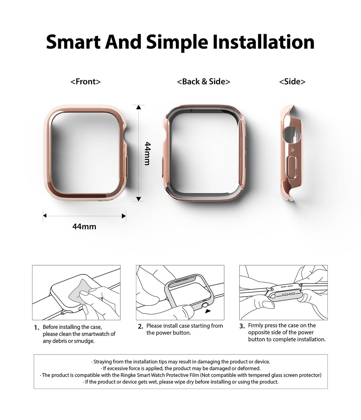 Apple Watch Series 6 / 5 / 4 / SE (44mm) Case | Slim (2 Pack) - Apple Watch Series 6 / 5 / 4 / SE (44mm) Case | Slim (2 Pack) - Rose gold 44mm watch case with installation guide.