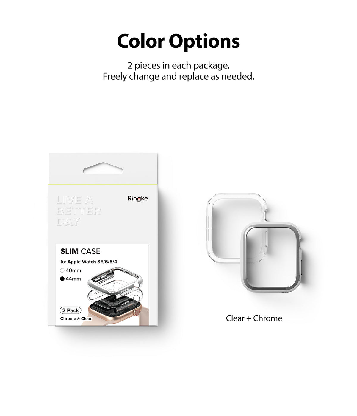 Apple Watch Series 6 / 5 / 4 / SE (44mm) Case | Slim (2 Pack) - Apple Watch Series 6 / 5 / 4 / SE (44mm) Case | Slim (2 Pack) - Retail packaging and two clear and chrome watch cases.