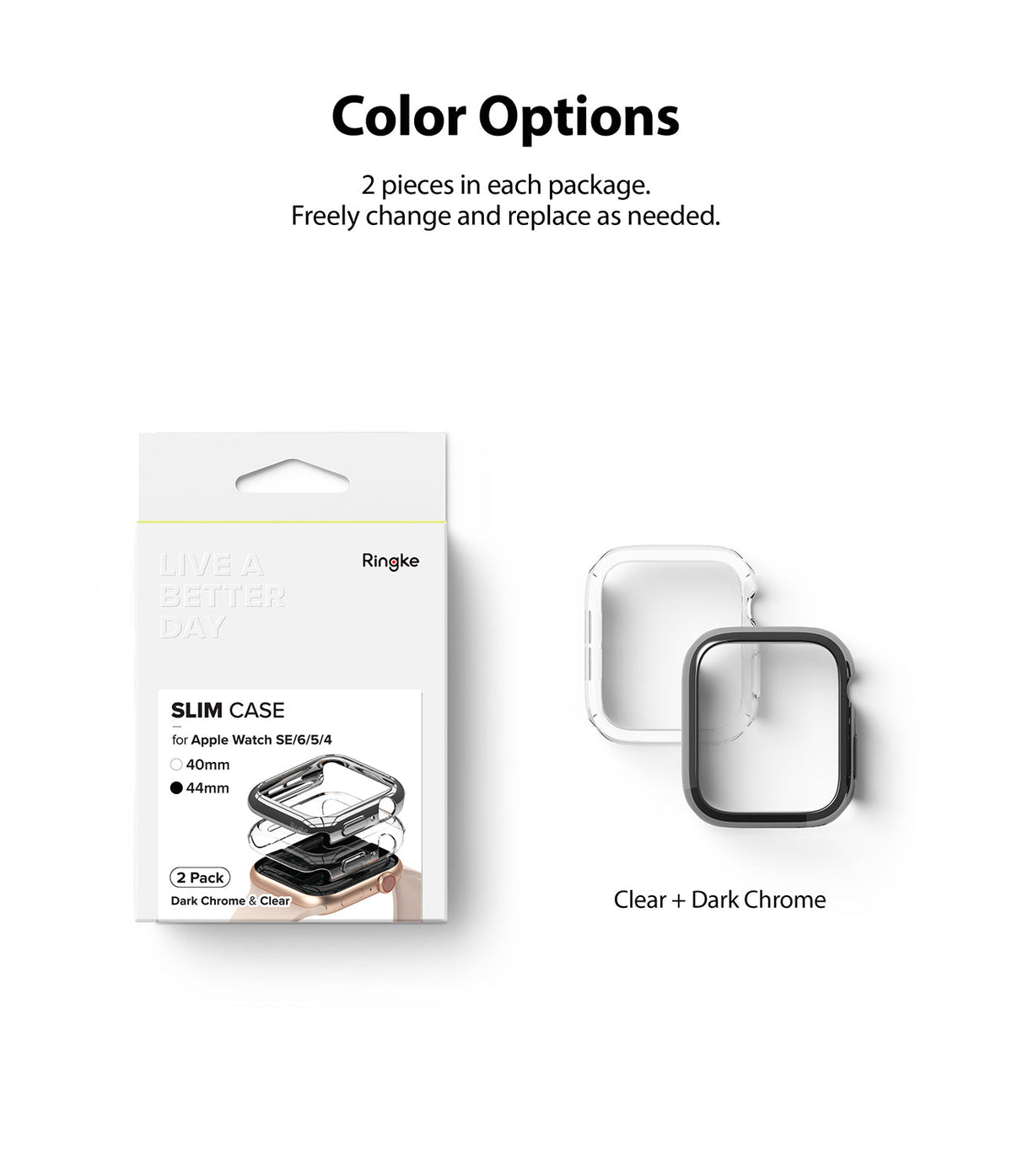 Apple Watch Series 6 / 5 / 4 / SE (44mm) Case | Slim (2 Pack) - Apple Watch Series 6 / 5 / 4 / SE (44mm) Case | Slim (2 Pack) - Retail packaging next to clear and dark chrome watch cases.