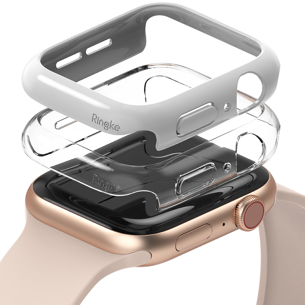 Apple Watch Series 6 / 5 / 4 / SE (44mm) Case | Slim (2 Pack) - Apple Watch Series 6 / 5 / 4 / SE (44mm) Case - Two slim protective covers stacked above a gold Apple Watch.