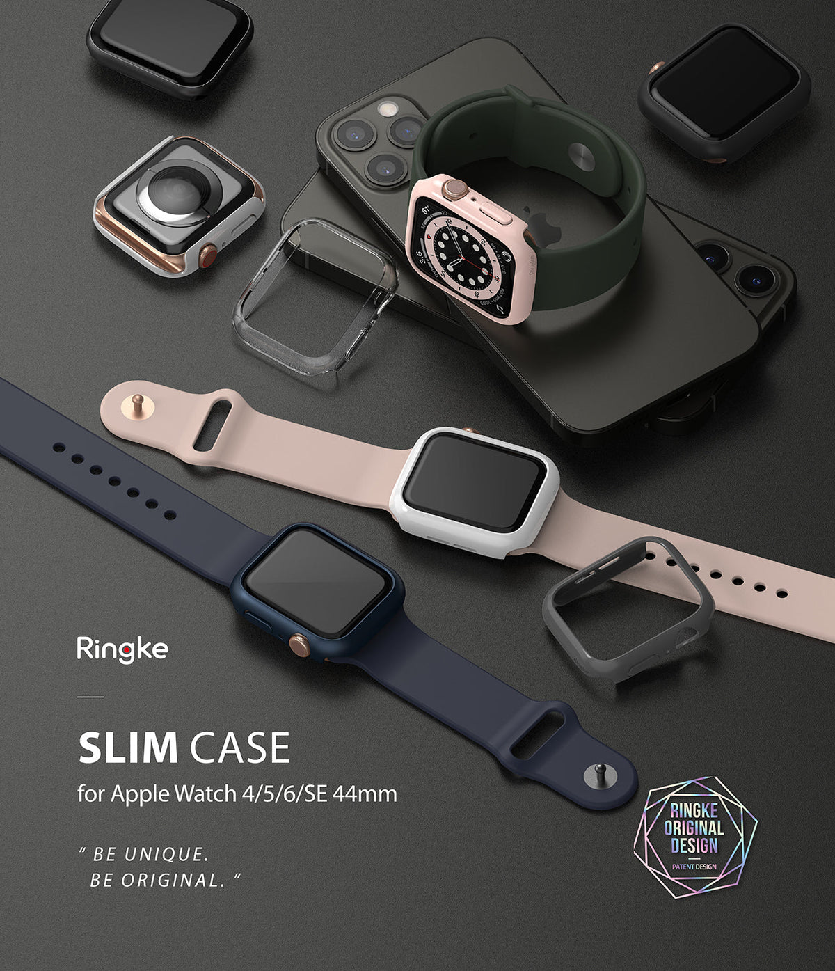 Apple Watch Series 6 / 5 / 4 / SE (44mm) Case | Slim (2 Pack) - Apple Watch Series 6 / 5 / 4 / SE (44mm) Case | Slim (2 Pack) - Assorted slim protective cases for Apple Watch on a desk.