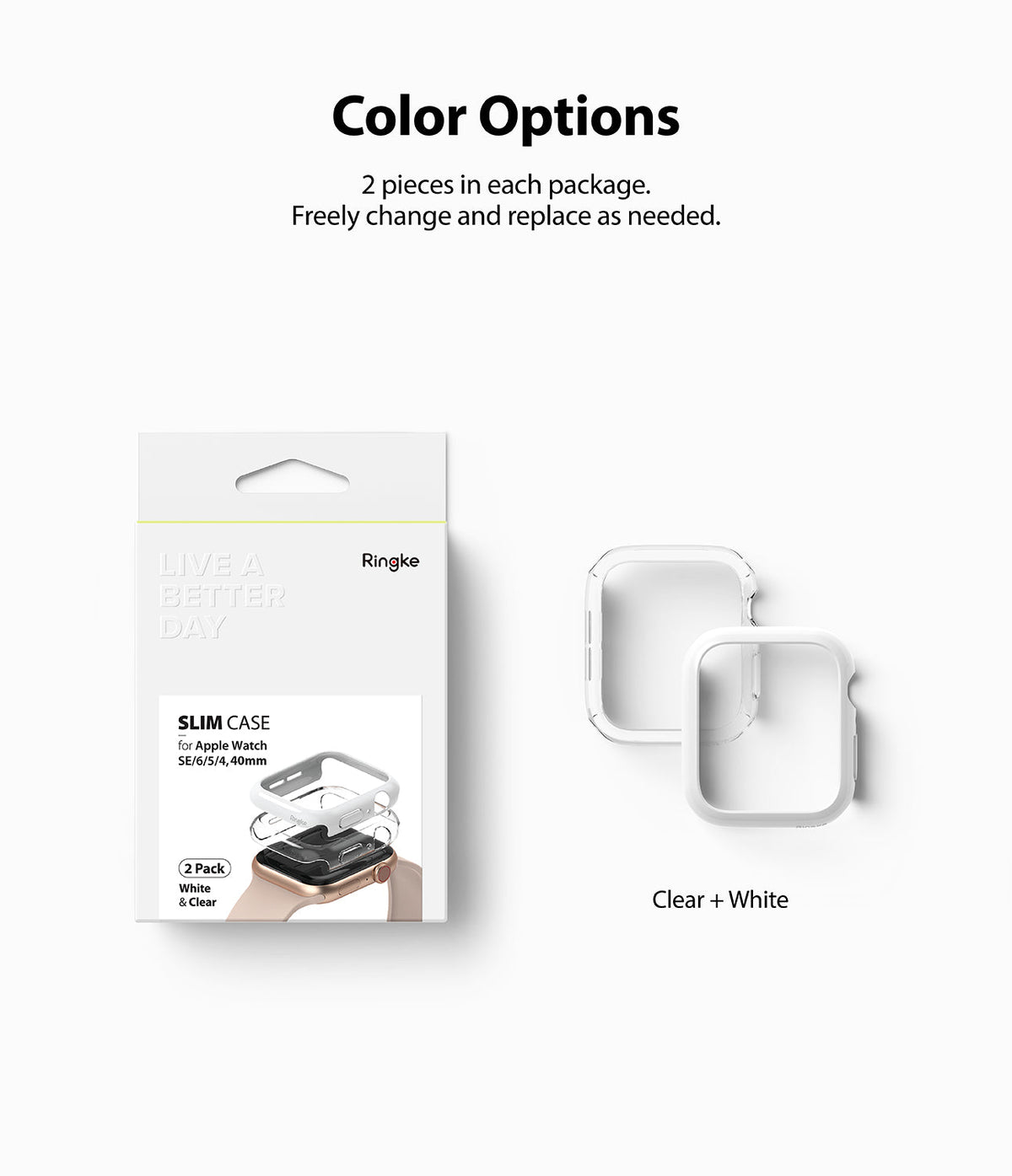 Apple Watch Series 6 / 5 / 4 / SE (40mm) Case | Slim (2 Pack) - Retail packaging next to one clear and one white watch case.