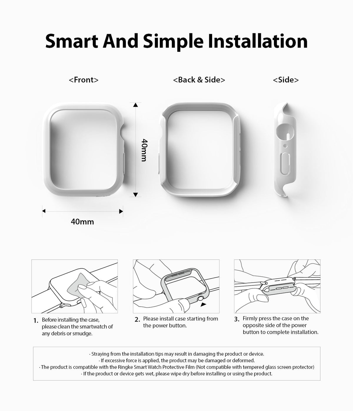 Apple Watch Series 6 / 5 / 4 / SE (40mm) Case | Slim (2 Pack) - Diagrams showing 40mm watch case dimensions and installation steps.