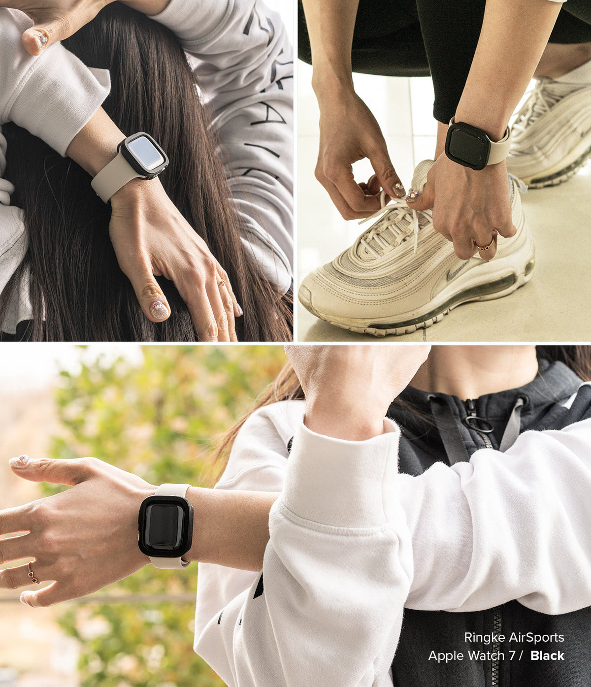 Apple Watch Series (41mm / 40mm) Case | Air Sports - Three views of a person wearing a black protective watch case.
