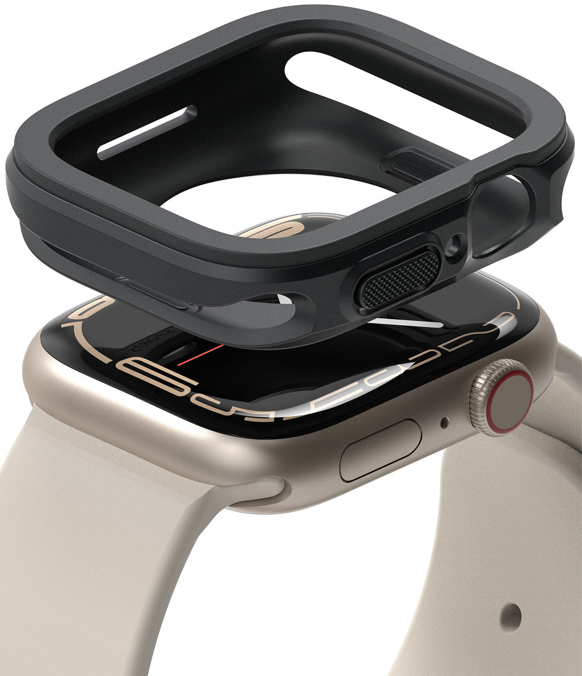 Apple Watch Series (41mm / 40mm) Case | Air Sports - A black protective case hovering above a beige Apple Watch.