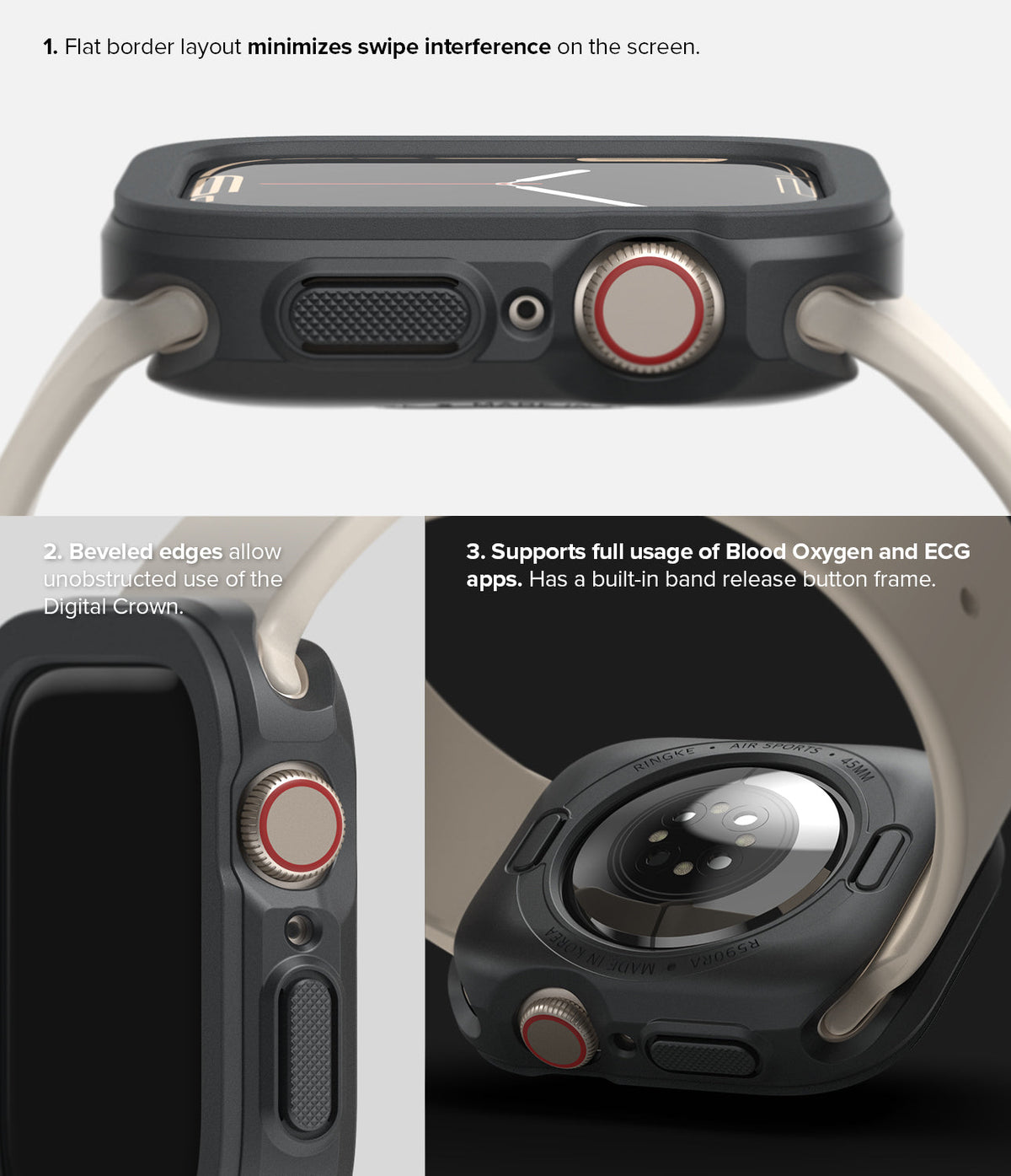 Apple Watch Series (41mm / 40mm) Case | Air Sports - Three views showing the protective case features and button access.