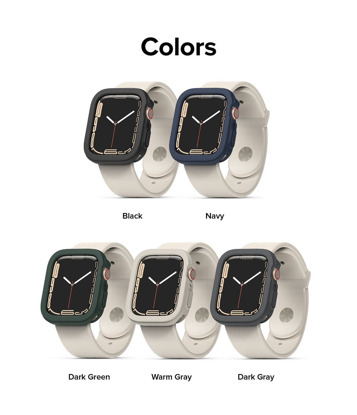 Apple Watch Series (41mm / 40mm) Case | Air Sports - Five Apple Watches with cases in black, navy, dark green, warm gray, and dark gray.