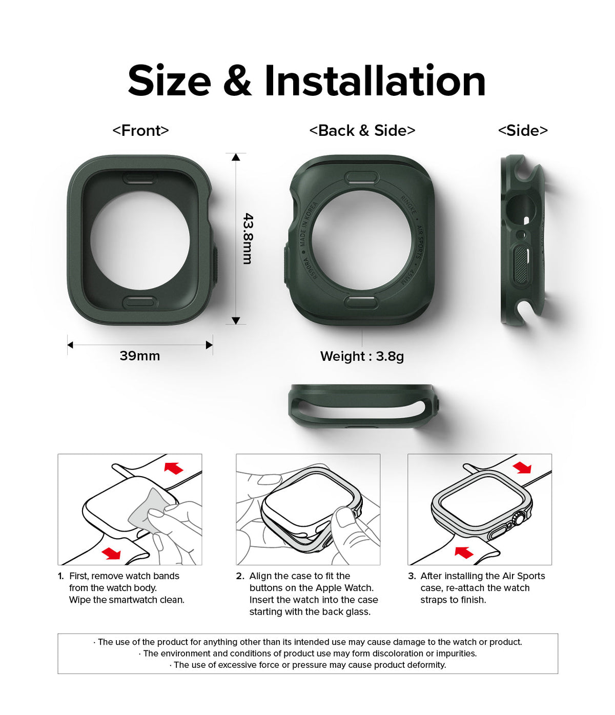 Apple Watch Series (41mm / 40mm) Case | Air Sports - Technical diagram showing case dimensions, weight, and installation steps.