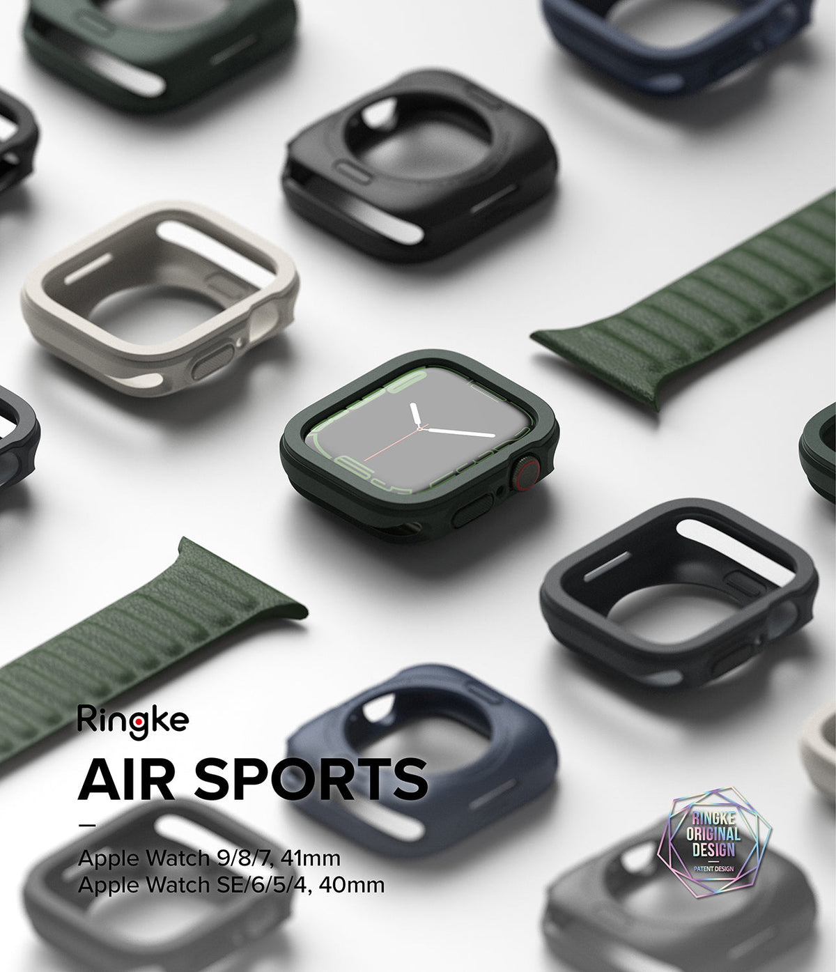 Apple Watch Series (41mm / 40mm) Case | Air Sports - Multiple colorful protective cases arranged around an Apple Watch.