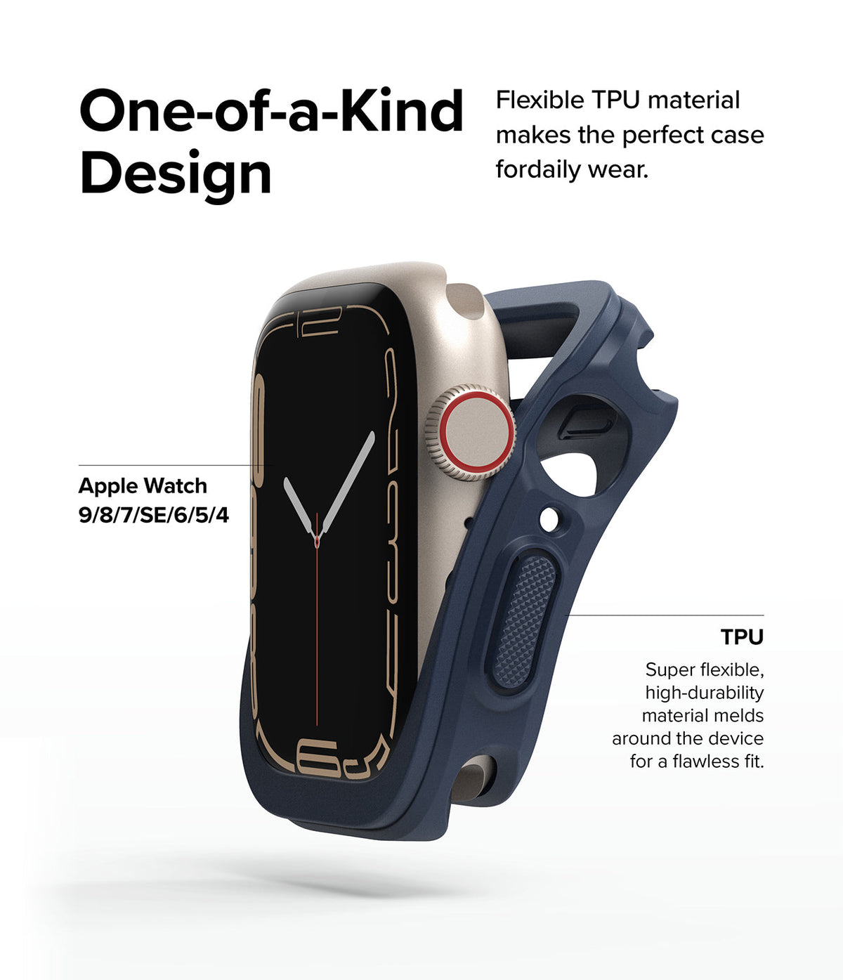 Apple Watch Series (41mm / 40mm) Case | Air Sports - A gold Apple Watch being inserted into a flexible navy blue TPU case.