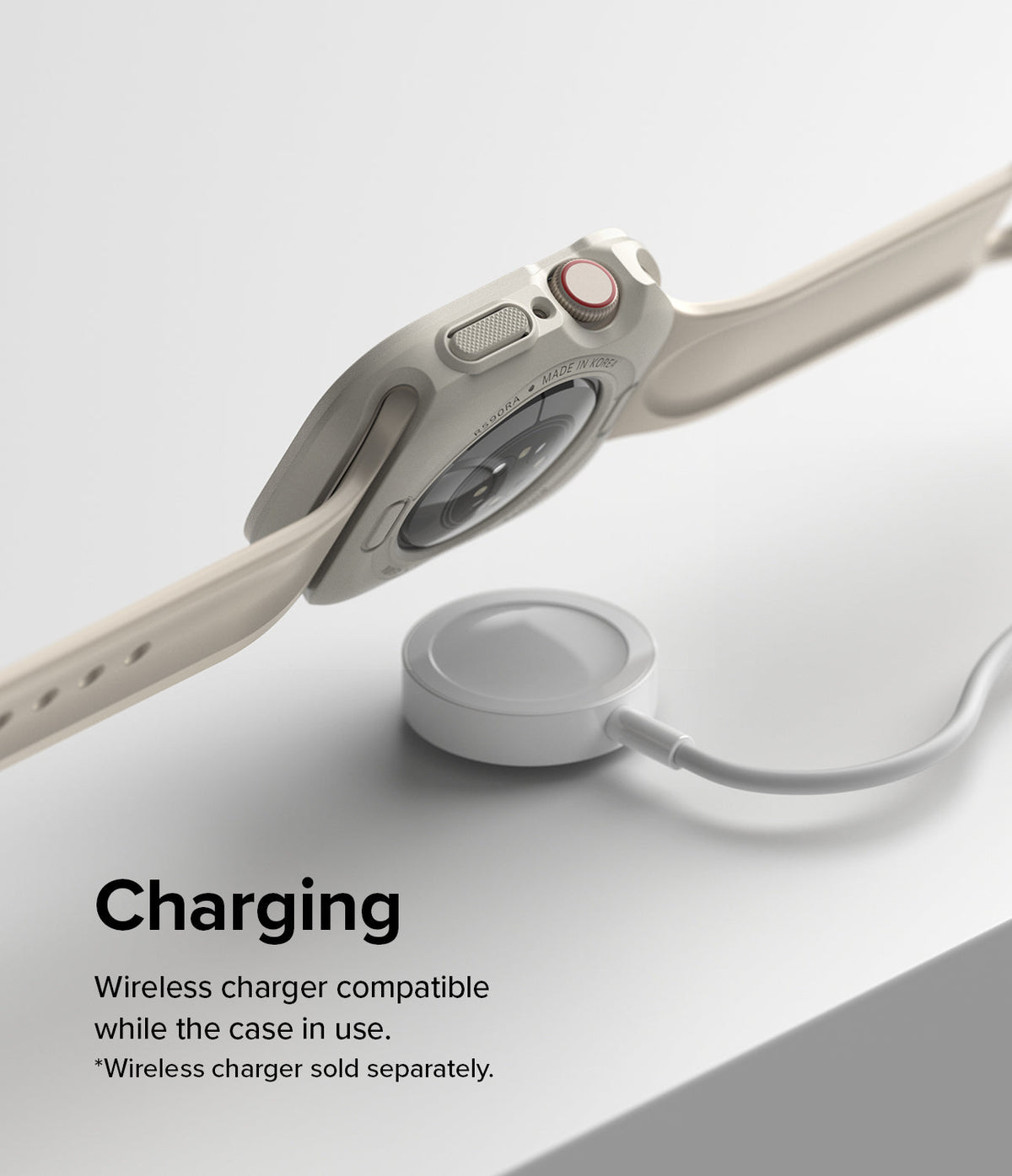Apple Watch Series (41mm / 40mm) Case | Air Sports - Beige watch case on a wireless charger against a white background.