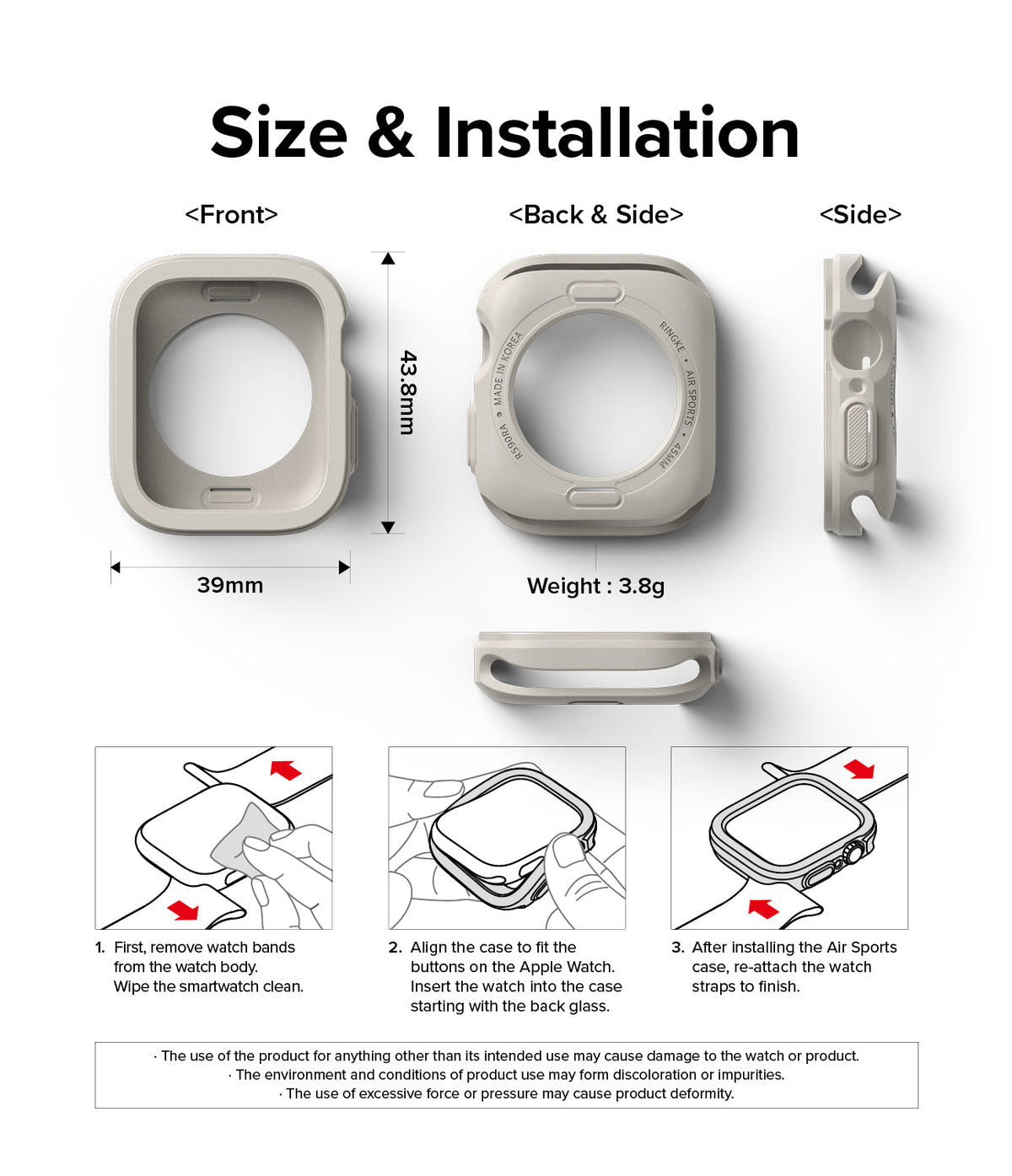 Apple Watch Series (41mm / 40mm) Case | Air Sports - Dimensions, weight, and three-step installation guide for the case.