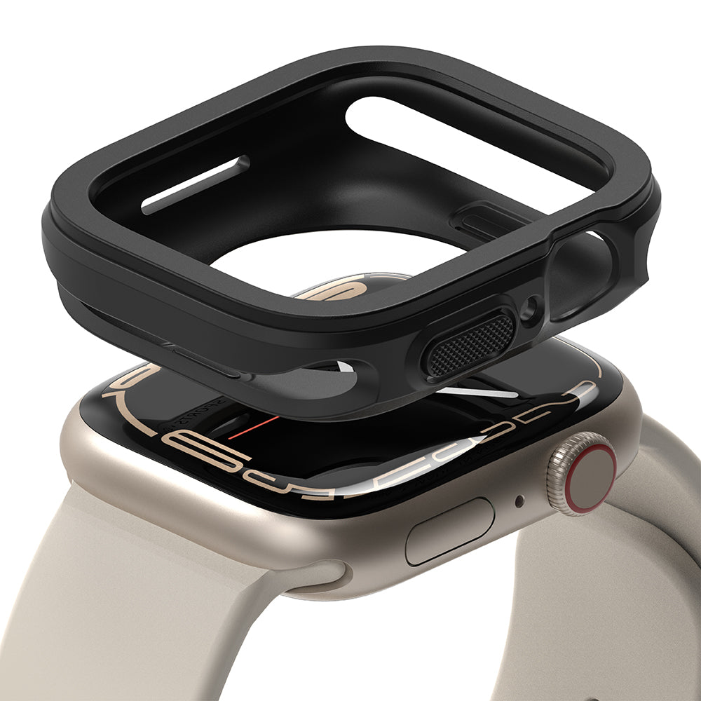 Apple Watch Series (45mm / 44mm) Case | Air Sports - Black protective case hovering above a starlight Apple Watch.