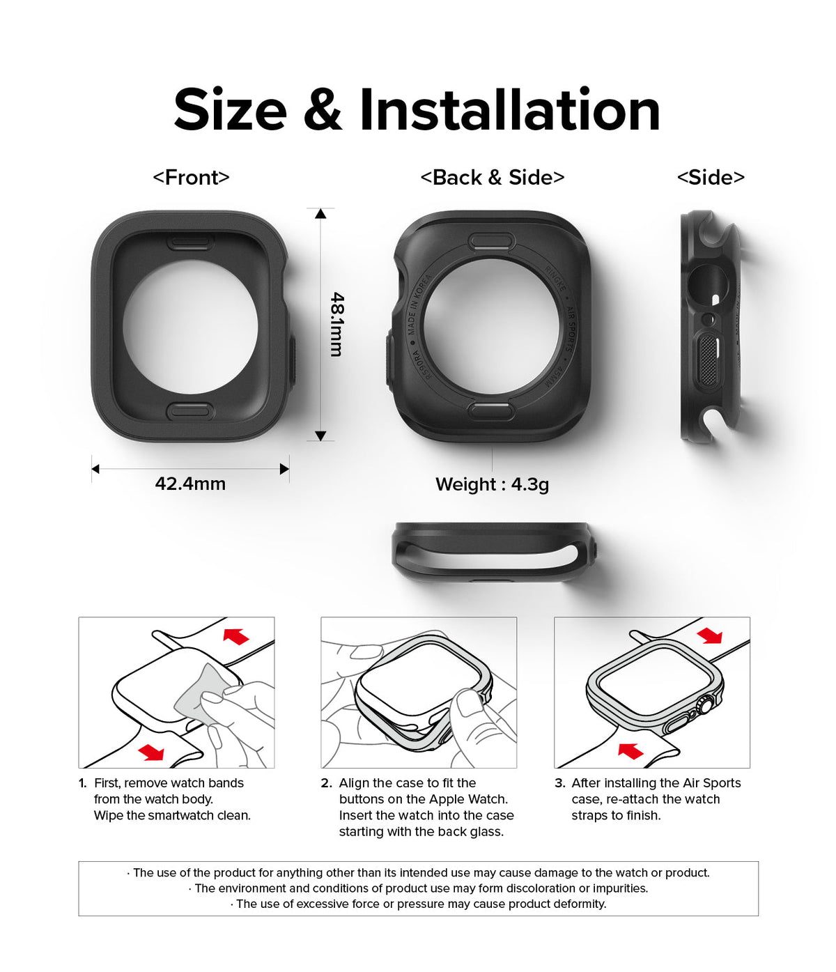 Apple Watch Series (45mm / 44mm) Case | Air Sports - Technical diagram showing dimensions, weight, and installation steps.