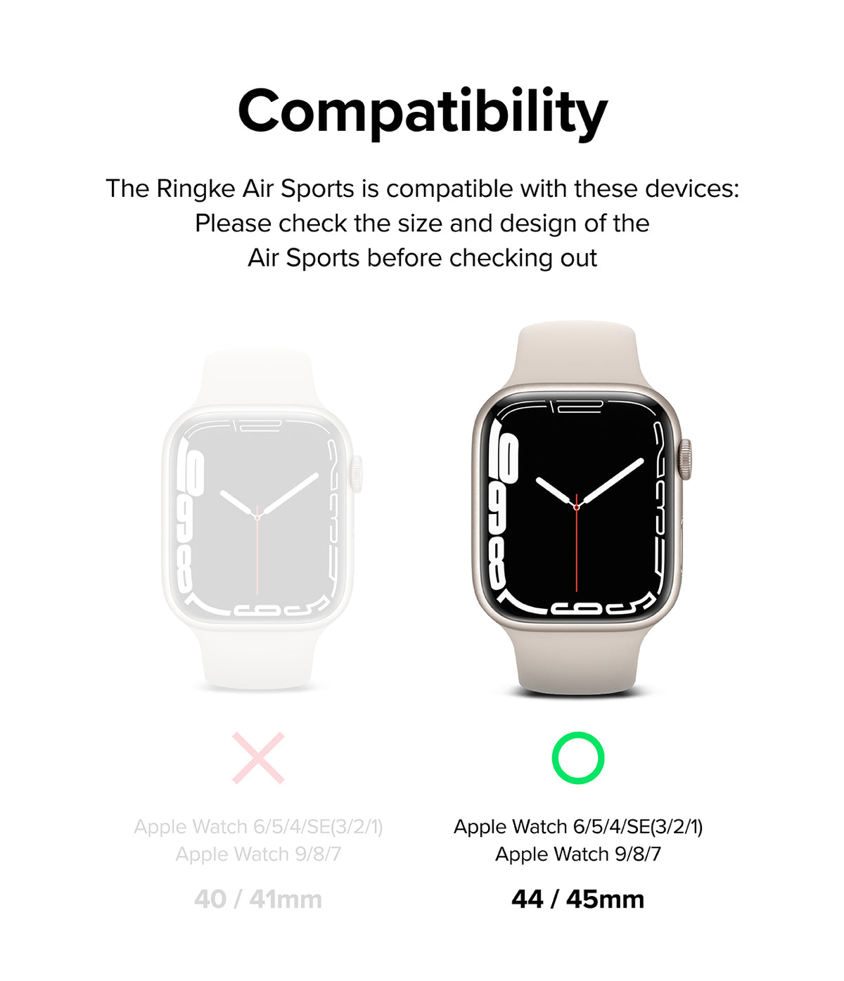 Apple Watch Series (45mm / 44mm) | Air Sports (Black) + Bezel Styling - Compatibility chart showing 44/45mm watch size.
