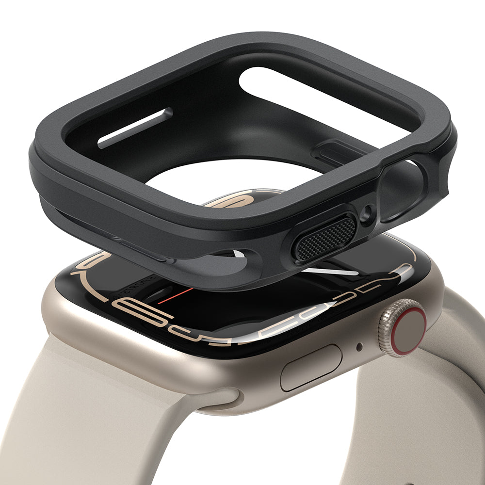 Apple Watch Series (45mm / 44mm) Case | Air Sports - A black protective case hovering above a beige Apple Watch.