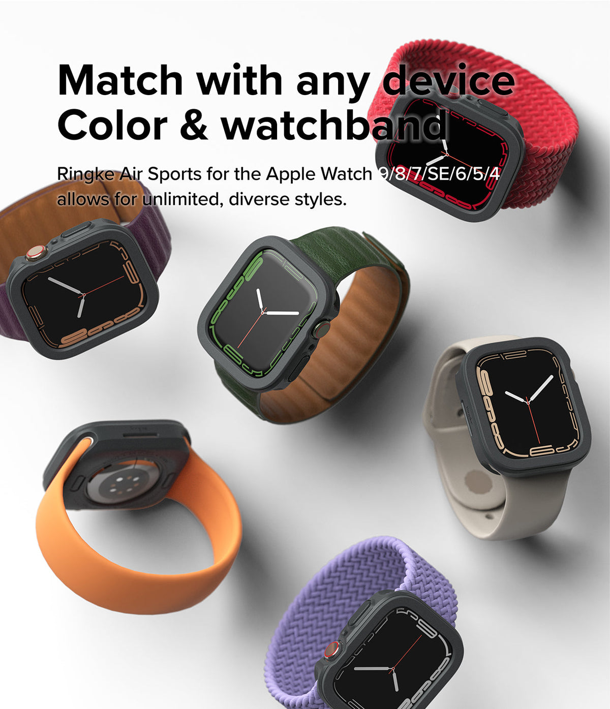 Apple Watch Series (45mm / 44mm) Case | Air Sports - Multiple Apple Watches with protective cases and diverse bands.