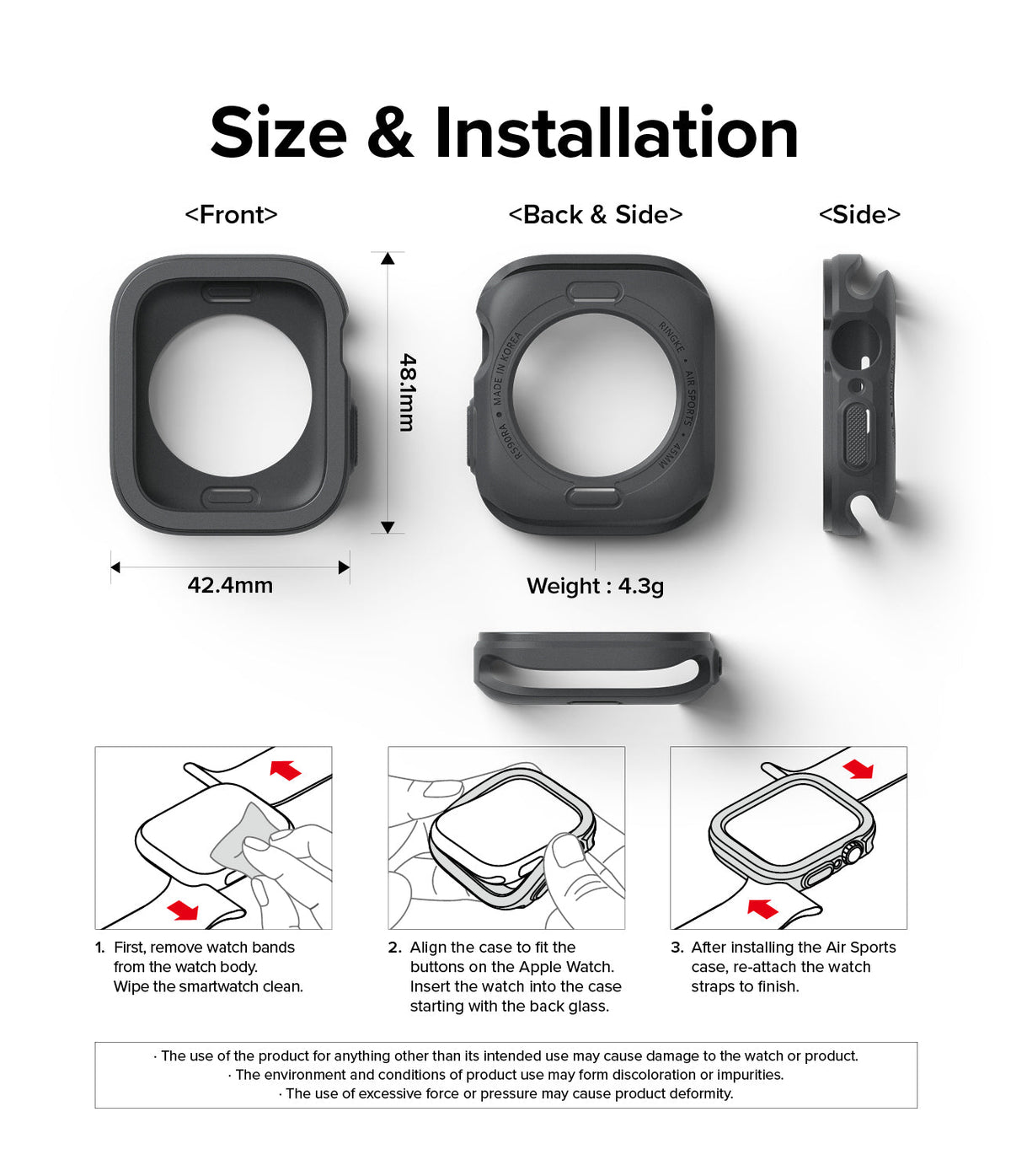 Apple Watch Series (45mm / 44mm) Case | Air Sports - Technical diagram showing case dimensions, weight, and installation steps.