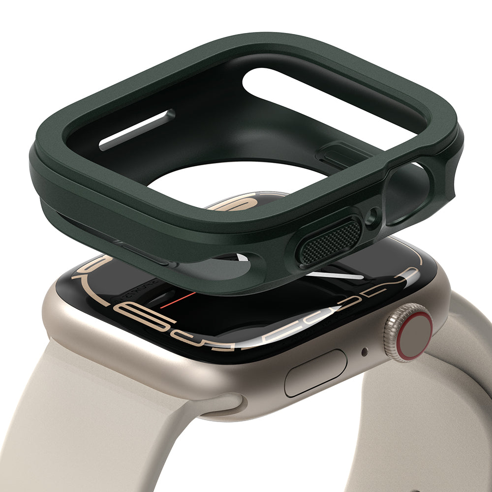 Apple Watch Series (45mm / 44mm) Case | Air Sports - Dark green protective bumper case hovering above a silver Apple Watch.