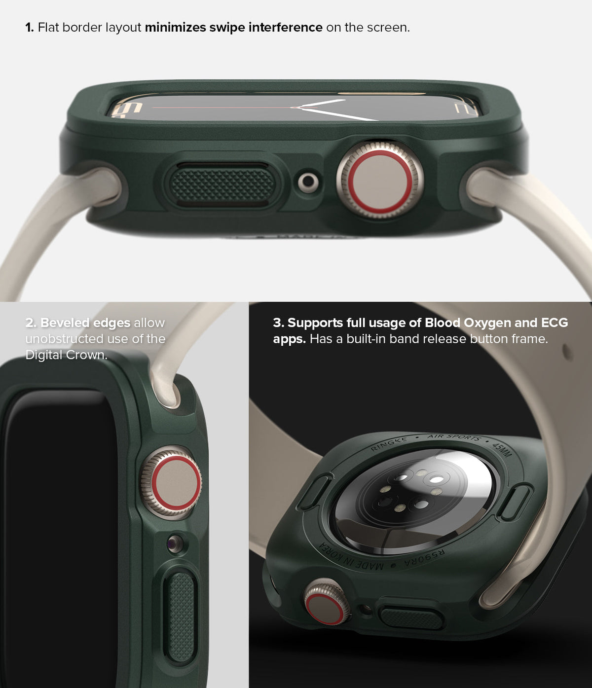 Apple Watch Series (45mm / 44mm) Case | Air Sports - Apple Watch Series Case | Air Sports - Three views of a dark green protective case showing flat edges and button access.