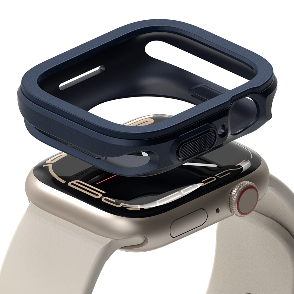 Apple Watch Series (45mm / 44mm) Case | Air Sports - Navy blue protective case hovering above a silver Apple Watch.