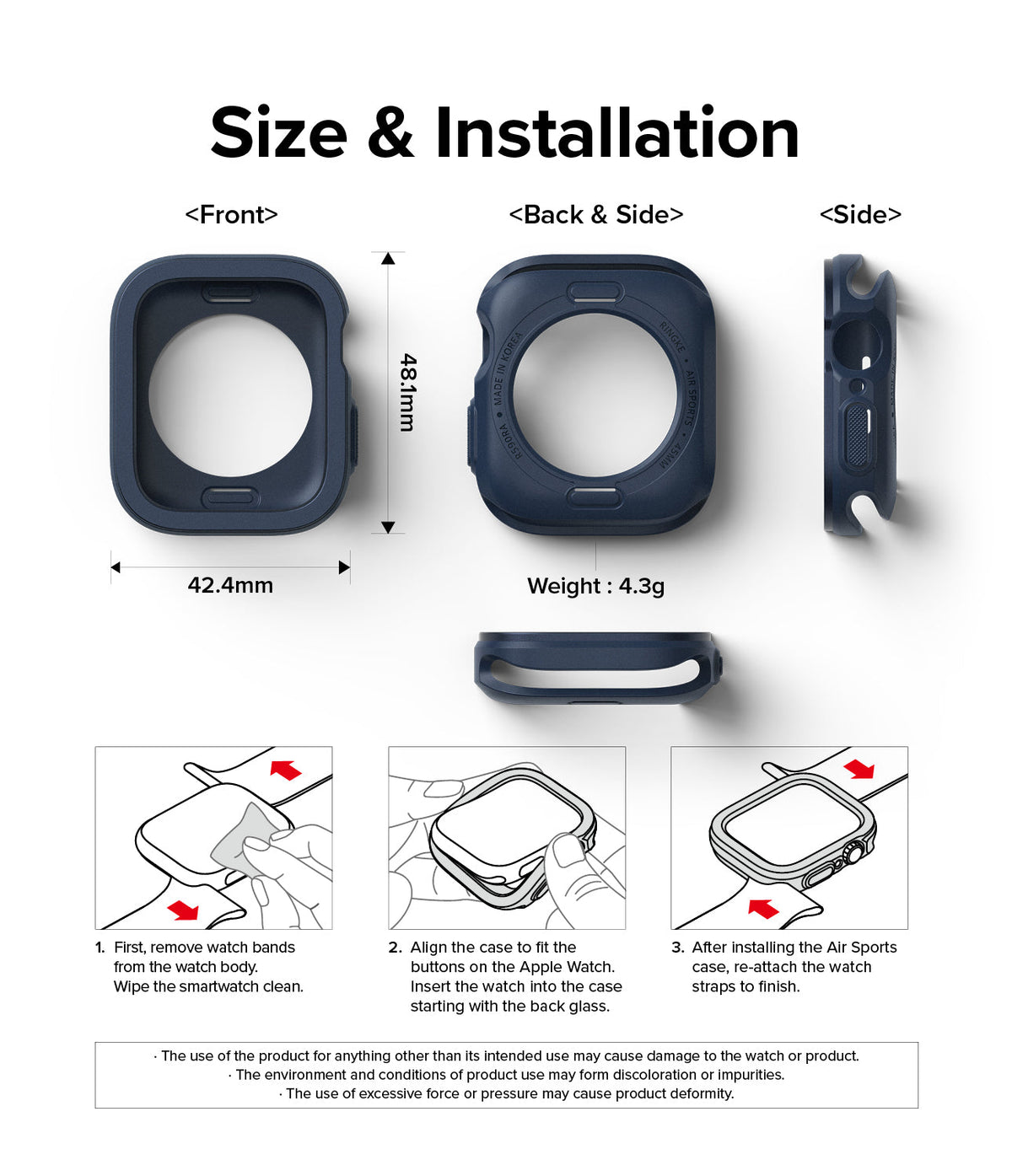 Apple Watch Series (45mm / 44mm) Case | Air Sports - Dimensions, weight, and three-step installation guide for the case.