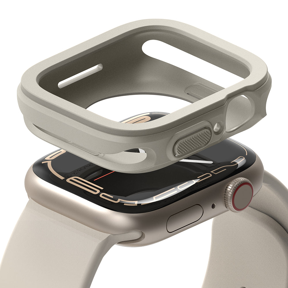 Apple Watch Series (45mm / 44mm) Case | Air Sports - Beige protective case hovering above a matching Apple Watch.