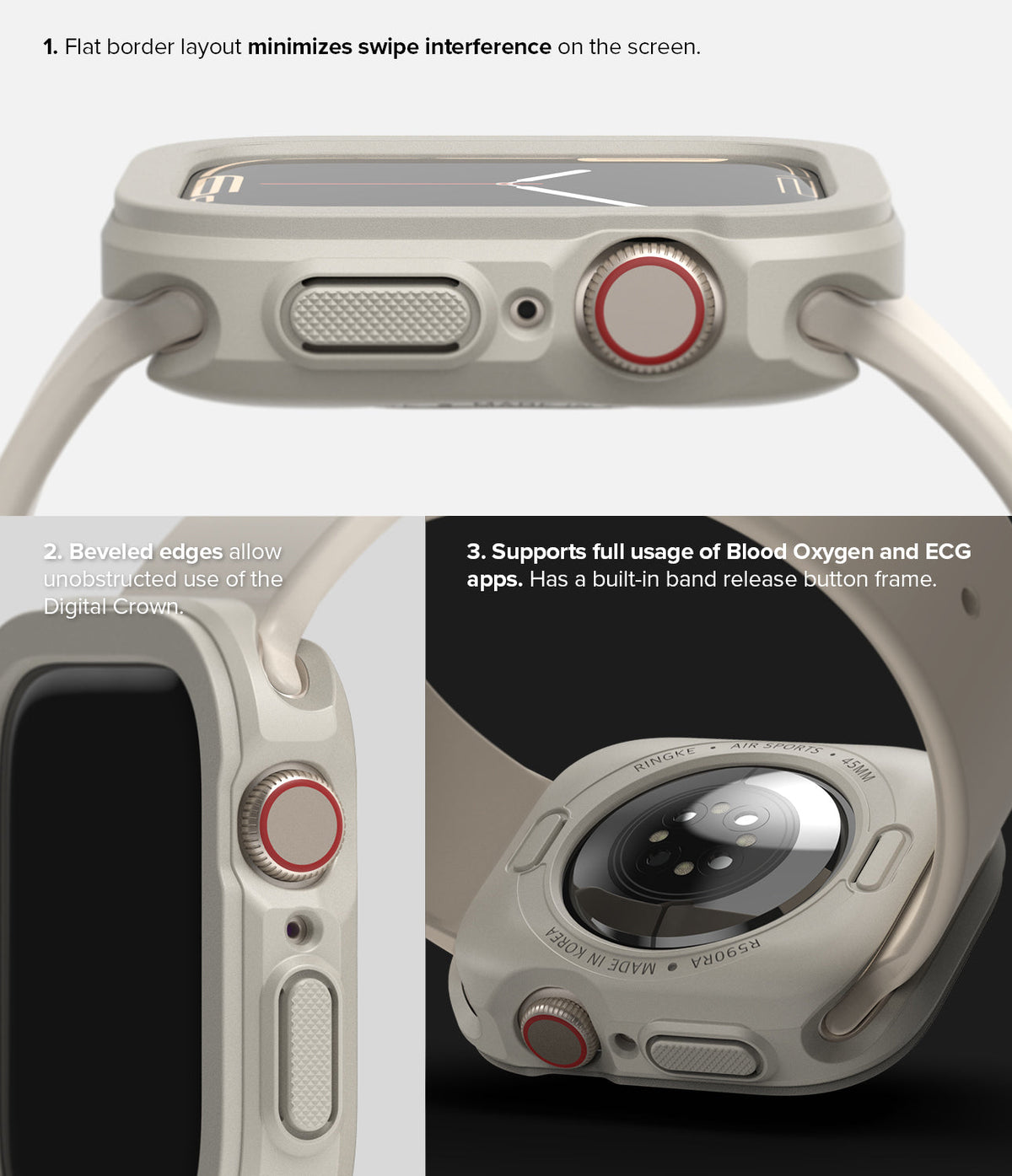 Apple Watch Series (45mm / 44mm) Case | Air Sports - Three views of a beige protective watch case highlighting features.