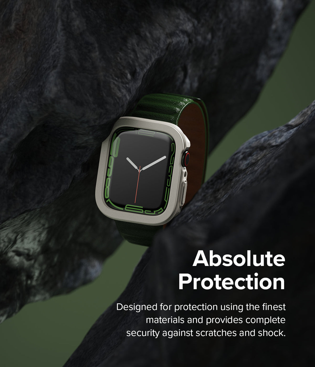 Apple Watch Series (45mm / 44mm) Case | Air Sports - Apple Watch with protective case suspended between dark rocks.
