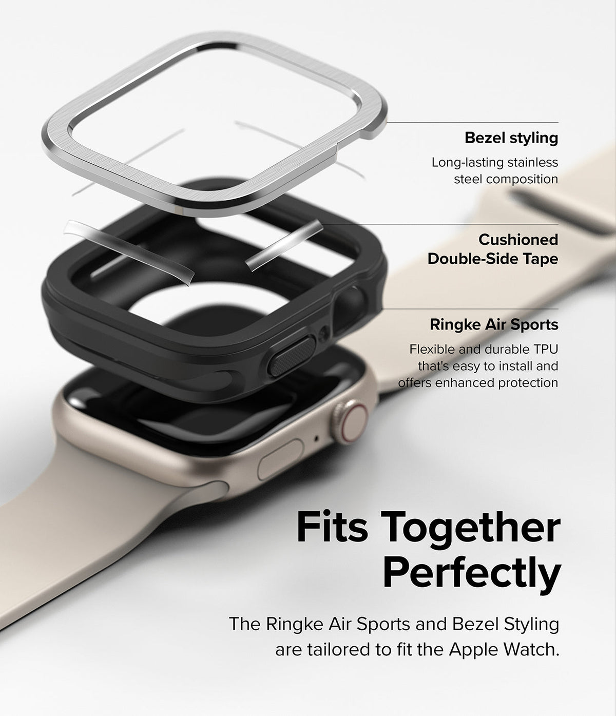 Apple Watch Series (41mm / 40mm) | Air Sports (Black) + Bezel Styling - Exploded view of watch case, adhesive, and bezel.