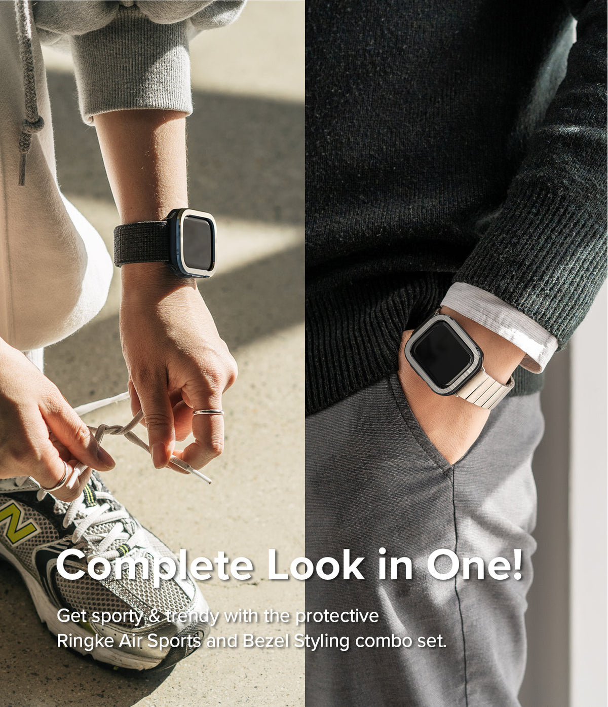 Apple Watch Series (41mm / 40mm) | Air Sports (Black) + Bezel Styling - Two views of an Apple Watch with black protective case and metallic bezel styling on different wristbands.