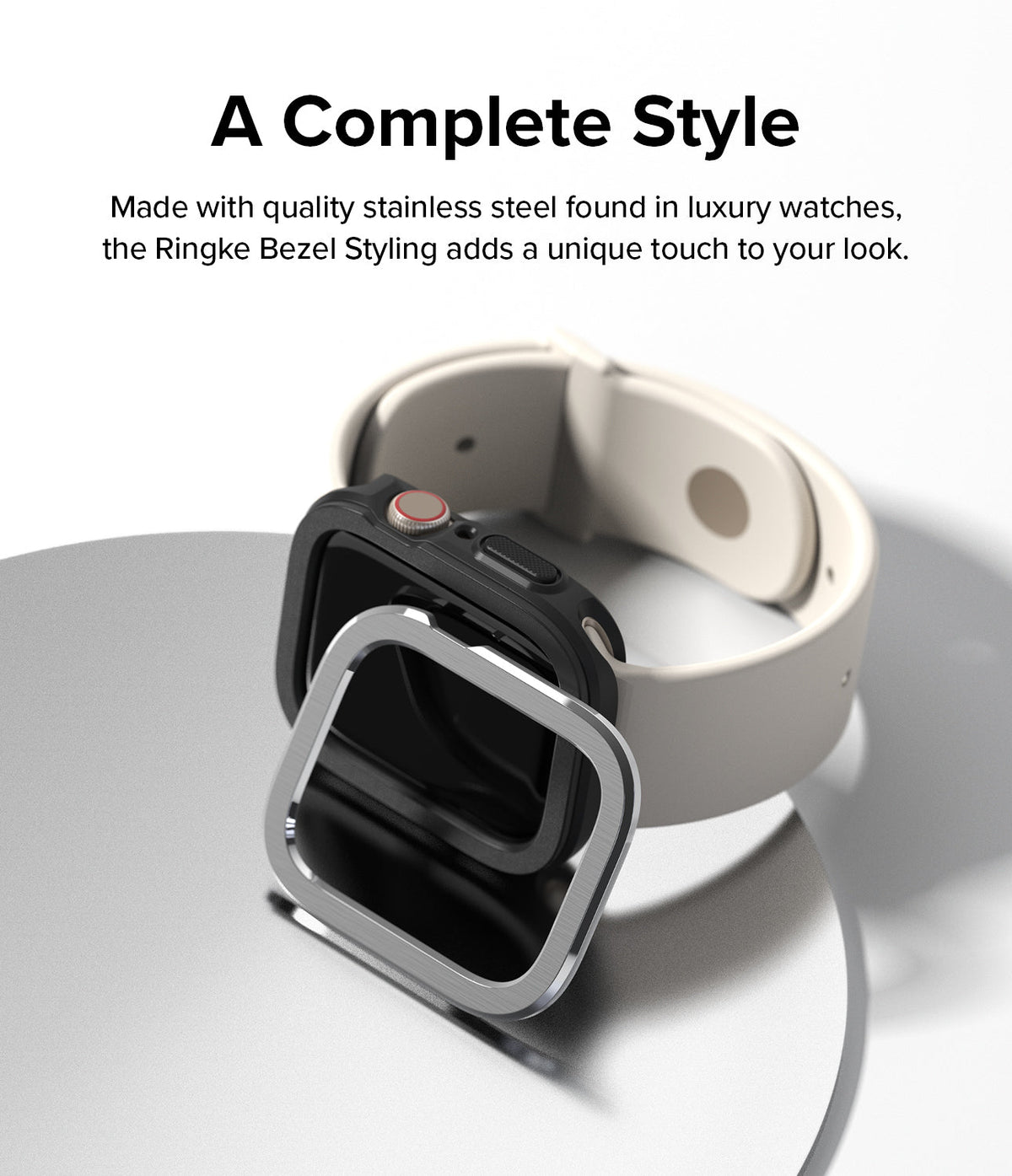 Apple Watch Series (41mm / 40mm) | Air Sports (Black) + Bezel Styling - A black watch case and silver bezel accessory.