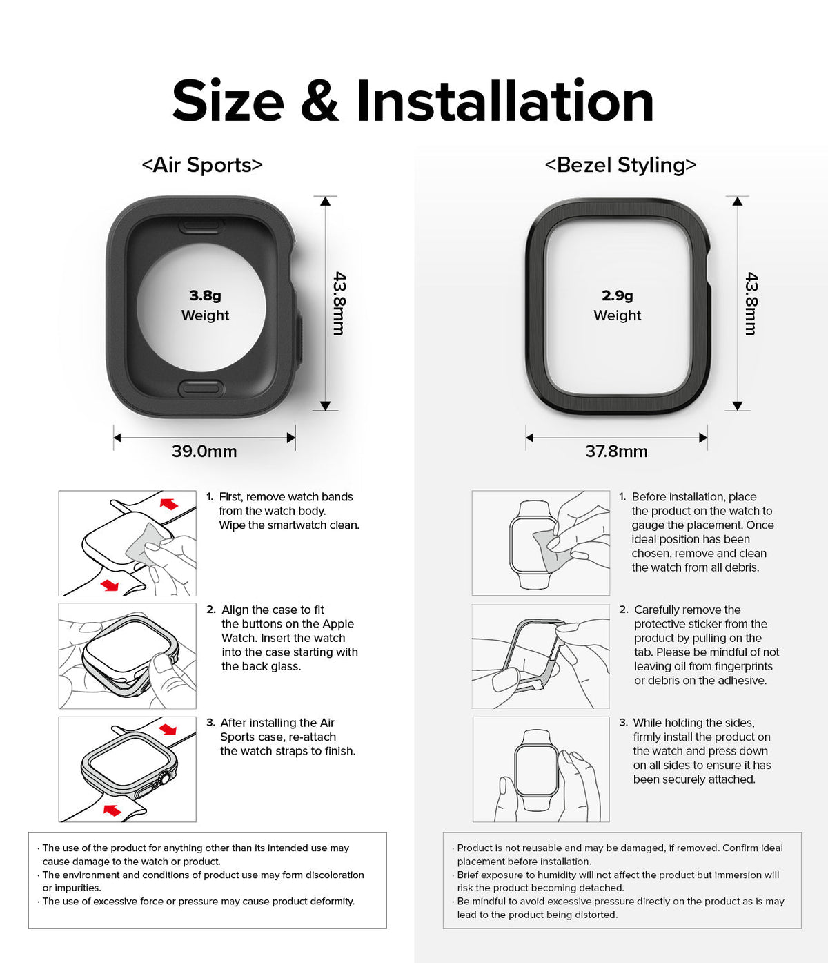 Apple Watch Series (41mm / 40mm) | Air Sports (Black) + Bezel Styling - Size specifications and installation steps for Air Sports and Bezel Styling Apple Watch accessories.