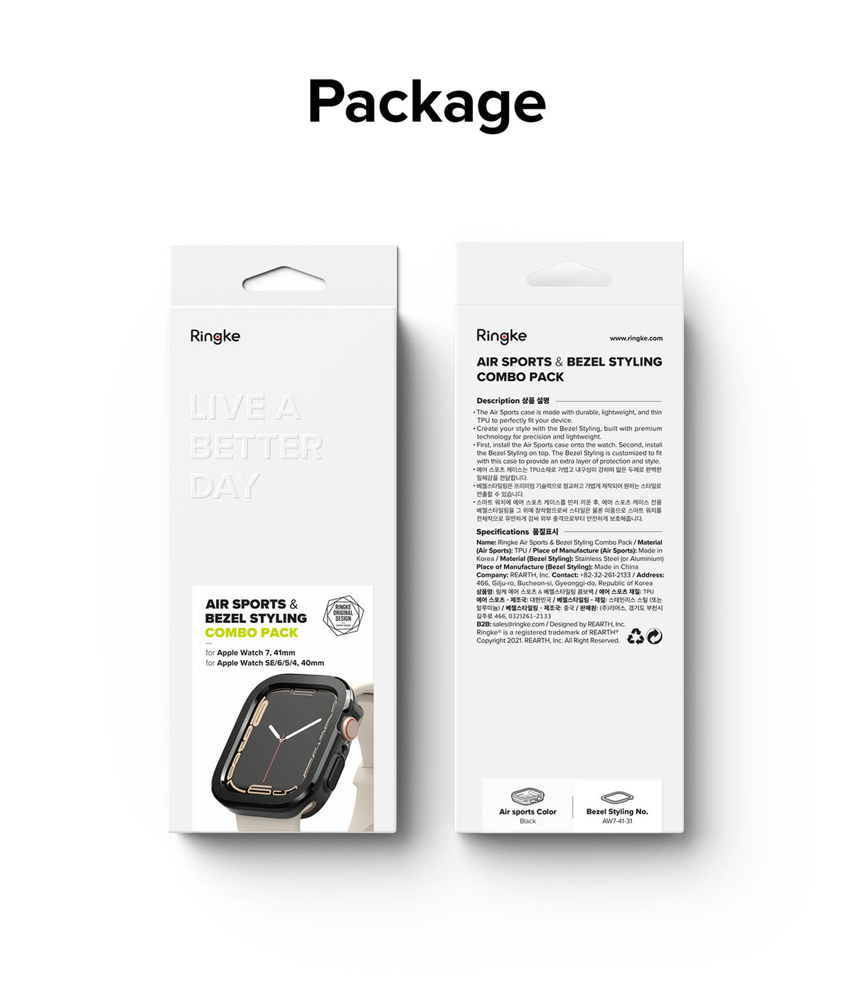 Apple Watch Series (41mm / 40mm) | Air Sports (Black) + Bezel Styling - Front and back view of Ringke packaging box.