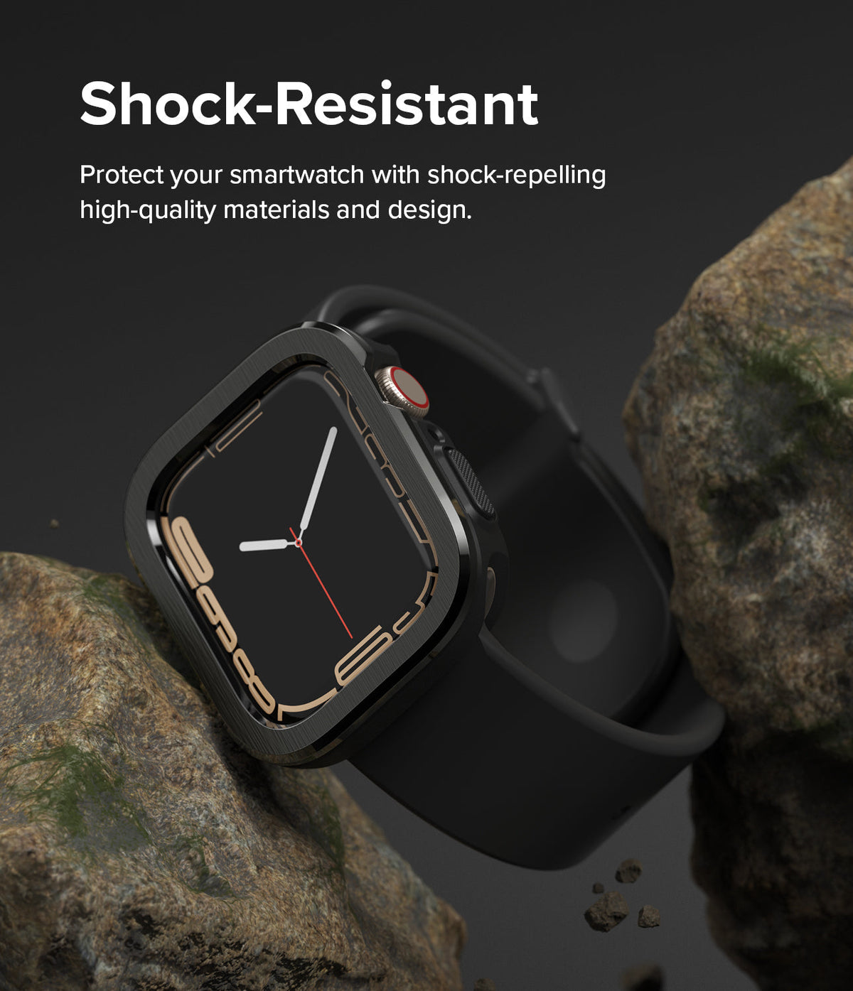 Apple Watch Series (41mm / 40mm) | Air Sports (Black) + Bezel Styling - Black Apple Watch with protective bezel near rocks.